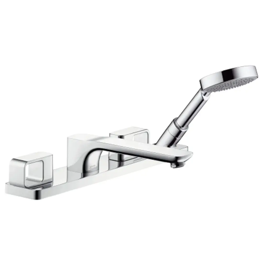 Armatur aus Chrom mit einem Hebel und einer abnehmbaren Handbrause. Das Design zeigt klare Linien und moderne Formen. Sie stammt von der Marke AXOR.